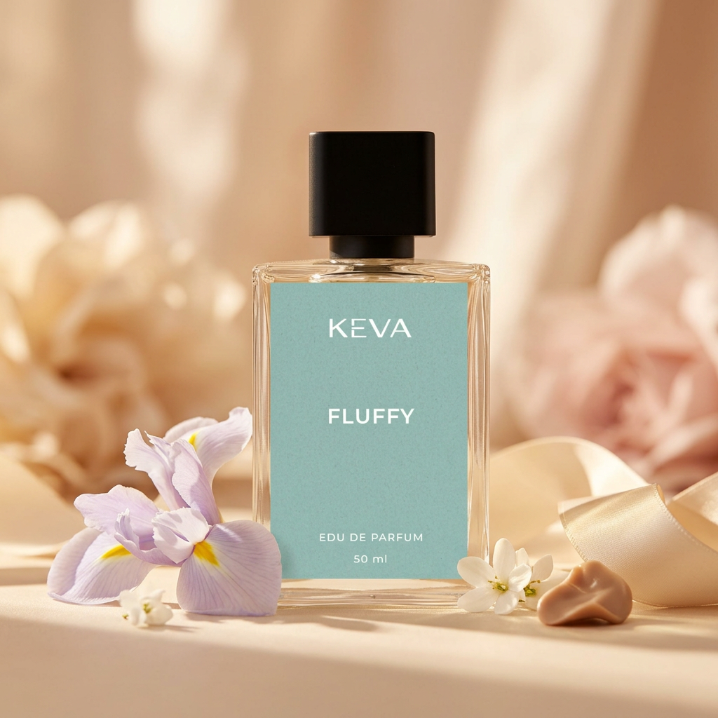 عطر KEVA FLUFFY بتنسيق زهري وإضاءة دافئة